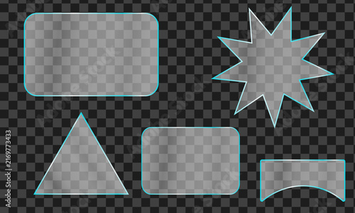 Set of frosted glass geometric shapes isolated on a dark transparent background for web design