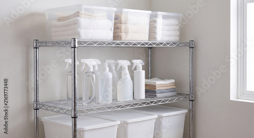 A neat stainless steel wire storage rack stands organized with rows of white cleaning spray bottles towels and storage bins in a utility room