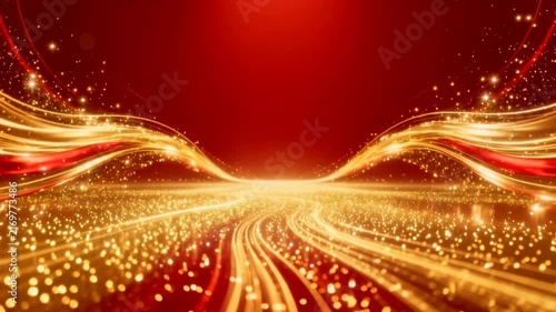 Luxury Abstract Background with Glowing Gold Waves and Sparkling Particles on Deep Red Backdrop for Festive Celebration