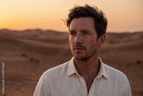 Thoughtful Man in Linen Shirt Standing in Desert Sand Dunes at Sunset