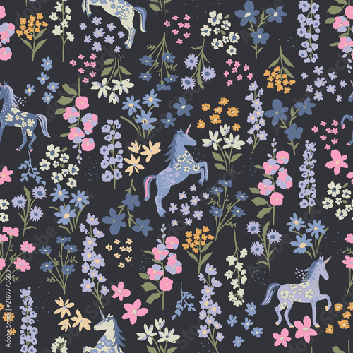 Seamless pattern with cute unicorns and wildflowers on a dark background, whimsical floral illustration for fabric, wallpaper, or stationery design