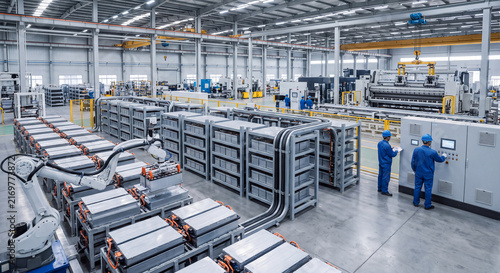 Industrial specialists wearing sterile suits and helmets inspecting rows of lithium battery storage systems in clean energy power station