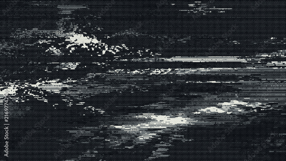 Obraz premium Abstract Monochrome Glitch Art With Horizontal Pixel Noise, Digital Glitch Background With Horizontal Monochrome Distortion
