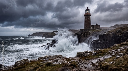 Lighthouse on Rocky Coast During Severe Ocean Storm
