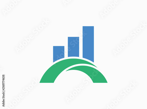Abstract financial graph with rising bars over a green arch.
