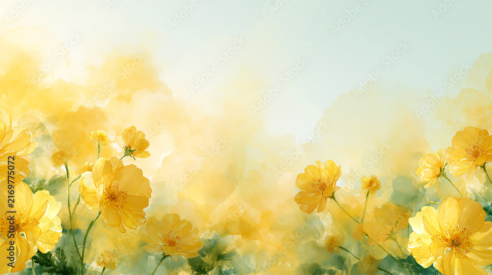 Obraz premium Yellow Cosmos Flowers Watercolor Background Frame with Copy Space