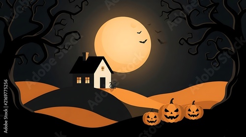 Spooky halloween landscape featuring a haunted house with glowing pumpkins under a large full moon in the dark night
