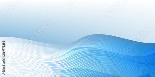 Ocean wave background vector. Abstract blue layered sea with flowing contour lines, geometric curved surfaces and smooth gradient. Minimal marine design for banner, poster, cover and wallpaper
