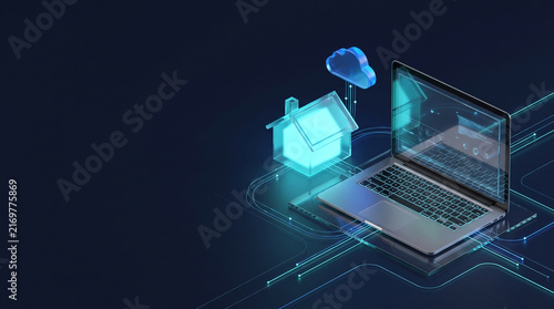 Smart Home and Cloud Computing Concept with Glowing House Icon on a Laptop