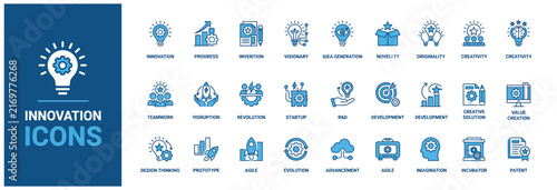 Foto Innovation blue outline icons set featuring various concepts like teamwork, progress, and revolution in technology