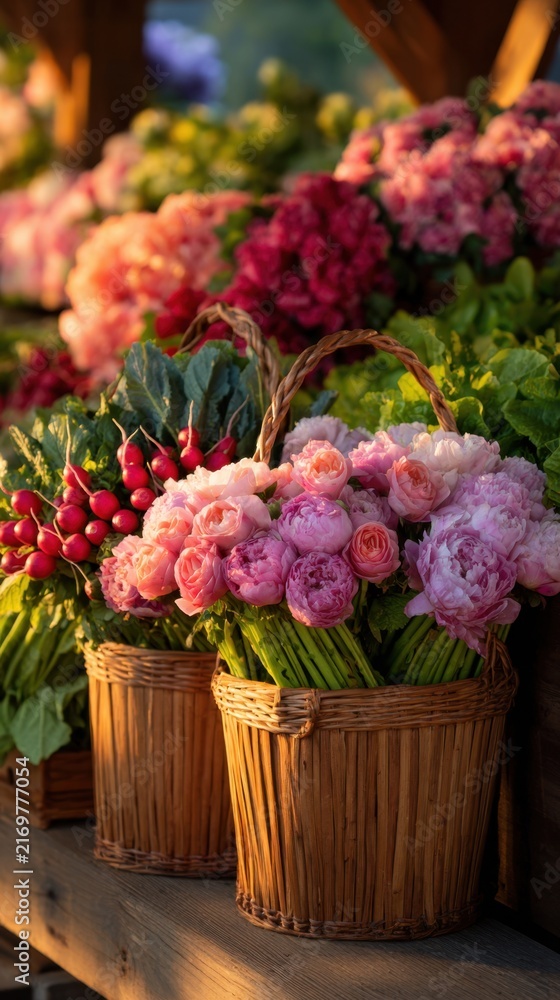 Naklejka premium Baskets filled with vibrant peonies and radishes showcase a colorful market scene at sunset