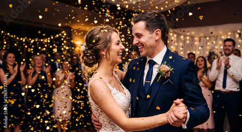 Smiling newlyweds dancing together romantically while joyful guests applaud and cheer during an evening wedding party with warm glowing fairy lights