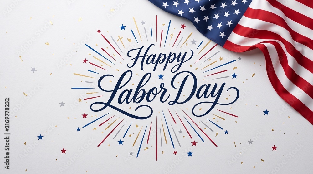 Fototapeta premium Happy Labor Day greeting with American flag and fireworks. Patriotic holiday background with stars and stripes. Festive US celebration banner.