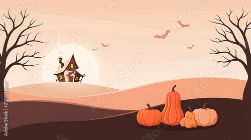 Spooky halloween landscape illustration with a haunted house silhouette bare trees and a collection of pumpkins