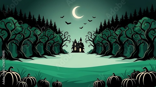 Spooky halloween night background featuring a haunted mansion silhouette in a dark forest with pumpkins and crescent moon