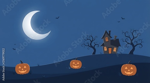 Spooky halloween landscape with a haunted house glowing jack o lanterns and a crescent moon in the night sky