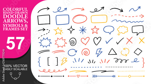 Colorful hand drawn doodle arrows symbols and frames set for versatile design projects providing diverse markers for notes diagrams and visual emphasis tasks.