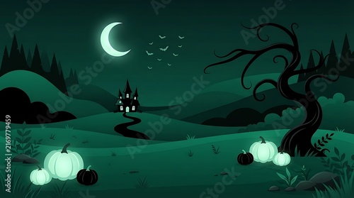 Spooky halloween night landscape with a haunted house glowing pumpkins and a crescent moon in a dark forest