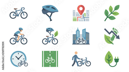 Clean Flat Icons Set Featuring Bicycles Helmets Urban Maps Green Leaf Motifs and Eco Friendly Concepts