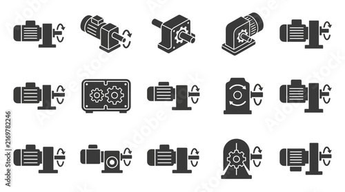 Clean Black and White Isometric Icons Set of Industrial Gearbox and Mechanical Power Transmission Equipment