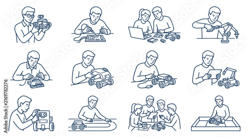 Clean Black and White Line Set Showing Various Robotics Assembly and Programming Activities with high quality professional line art symbols for modern creative design and digital branding projects