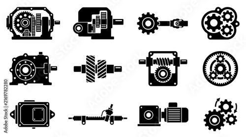 Clean Black and White Mechanical Gear and Transmission Components Set with high quality professional line art symbols for modern creative design and digital branding projects