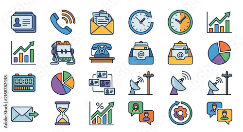 Clean Colorful Flat Icons Set Featuring Communication Productivity Data and Technology Concepts