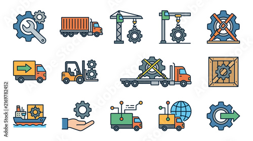 Clean Colorful Flat Icons Set of Industrial Machinery Logistics and Transportation Vehicles with Gears