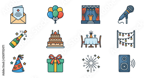 Clean Colorful Flat Set of Party and Celebration Icons with Balloons Cake Gifts and Speakers with high quality professional line art symbols for modern creative design and digital branding projects