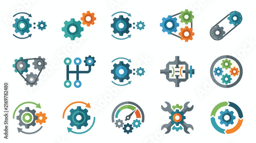 Clean Colorful Gear and Mechanical System Icons Set with Various Connections and Tools with high quality professional line art symbols for modern creative design and digital branding projects