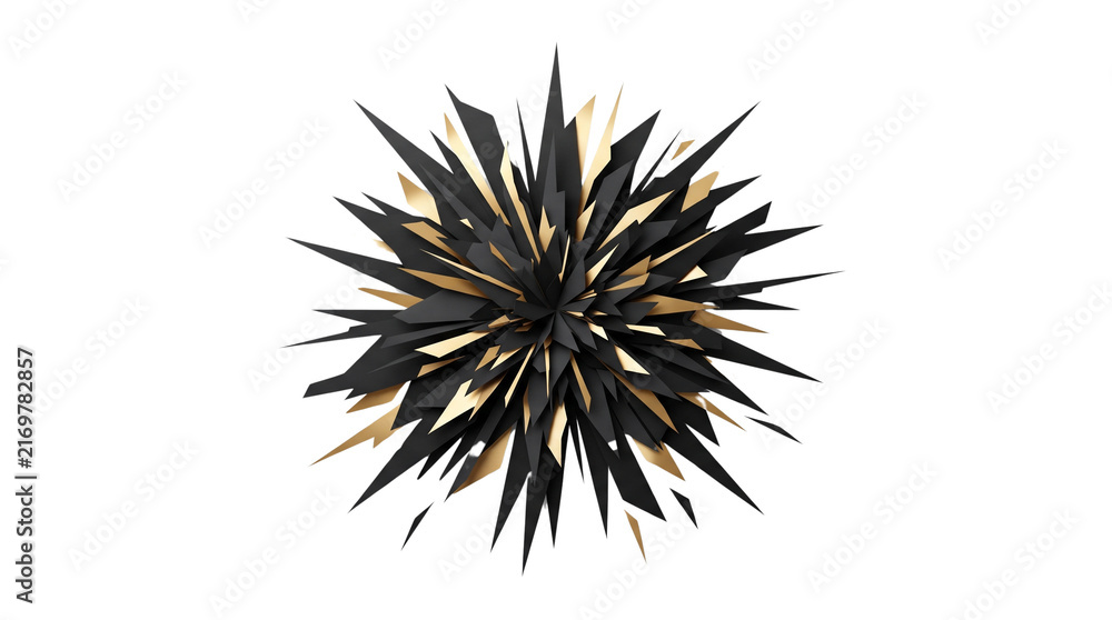 Obraz premium Dynamic black radial burst with sharp geometric shapes and gold accent fragments, isolated on white background.