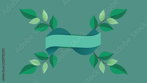 Natural green ribbon banner with elegant leaves for eco-friendly product labels, organic food packaging, and nature-themed events.