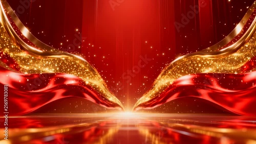 Luxury Golden Waves and Red Silk Fabric Background for Award Ceremony and Celebration Stage