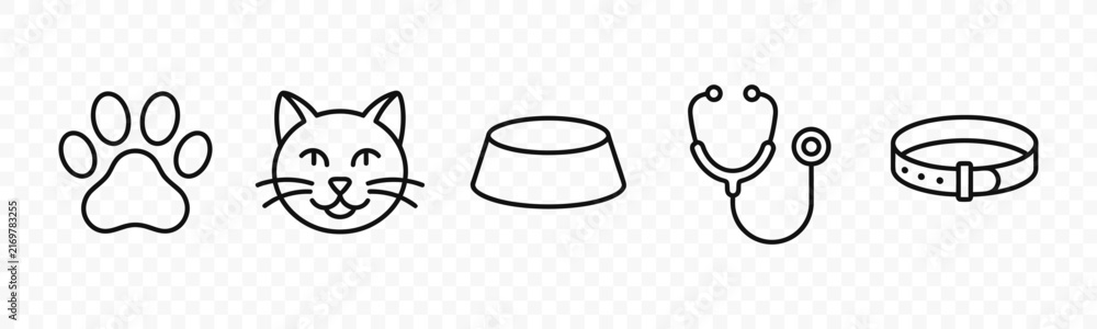 Fototapeta premium flat vector illustration line art icon bundle set design focused on pet care animal paws cat silhouettes and feeding bowls for veterinary clinic and pet shop website ui