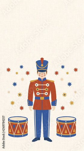 Vintage festive drummer character illustration with decorative star accents and classic musical instruments for holiday celebration greeting card design