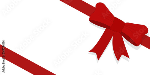 Red Christmas Ribbon and Bow Diagonal on White Background