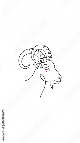 Minimalist continuous line art drawing of a majestic ibex head adorned with a delicate flower and a small red accent on a clean white background