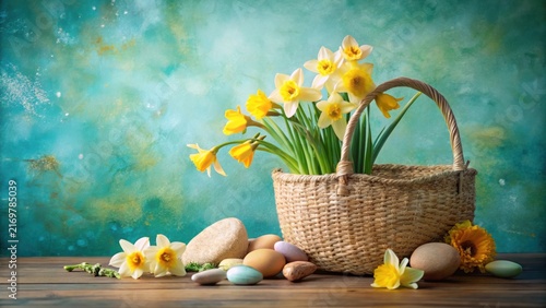 A springtime arrangement featuring a wicker basket overflowing with cheerful daffodils, complemented by smooth stones and pastel-colored eggs on a rustic wooden surface against a teal backdrop.