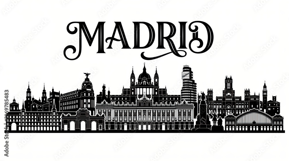 Fototapeta premium Extremely detailed Madrid, Spain landmark-rich silhouette and elegant MADRID lettering.