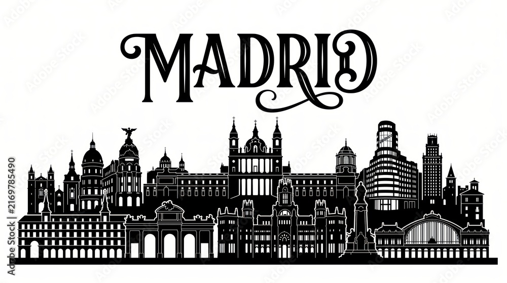 Obraz premium Extremely detailed Madrid, Spain landmark-rich silhouette and elegant MADRID lettering.