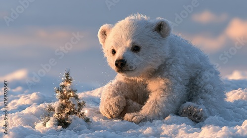 Adorable Baby Polar Bear in Snowy Landscape