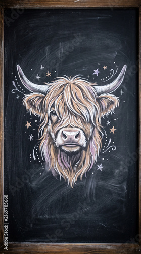 A Whimsical Chalkboard Drawing Featuring a Majestic Highland Cow Portrait With Magical Sparkling Stars and Delicate Decorative Swirls Rustic Art