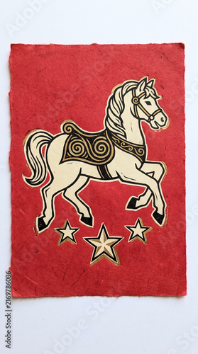 Artistic handcrafted illustration featuring a stylized white horse with intricate ancient celtic patterns and golden stars on a textured red surface