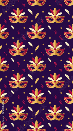 Seamless festive pattern featuring elegant gold carnival masquerade masks with colorful feathers and confetti on a dark purple background for design