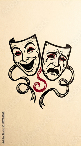 Classic theatrical comedy and tragedy masks art design featuring expressive dramatic faces capturing the duality of performance and human emotions