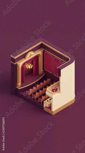 Isometric 3D theatrical stage illustration featuring elegant velvet seating rows and a classic proscenium arch for luxury cinema or performance venue