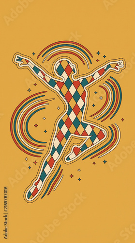 Artistic illustration featuring a dynamic dancer filled with a vibrant harlequin diamond pattern surrounded by retro style rainbow colored arcs