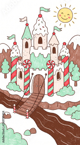 Enchanting Hand Drawn Illustration Featuring A Whimsical Candy Castle With Icing Towers And Sweet Peppermint Accents In A Colorful Winter Landscape