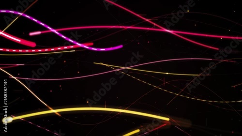 Modern abstract background of colorful neon light trails flowing and curving dynamically on black