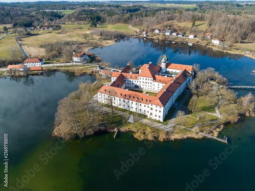 Aerial view, Seeon Monastery, Klostersee, Seeon-Seebruck, Chiemgau, aerial view, Upper Bavaria, Bavaria, Germany